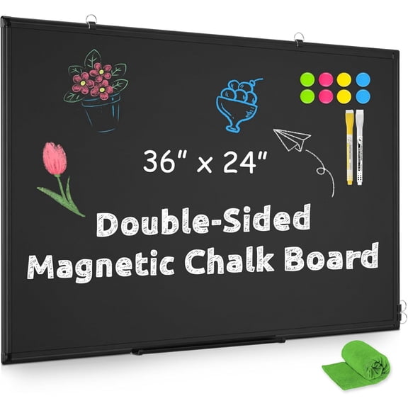 Magnetic Chalk Board, 36x24 Black Chalkboard Double-Sided Dry Erase Board Magnetic Blackboard for Wall, Black Framed Small Chalk Board Home, School, Office, Kitchen