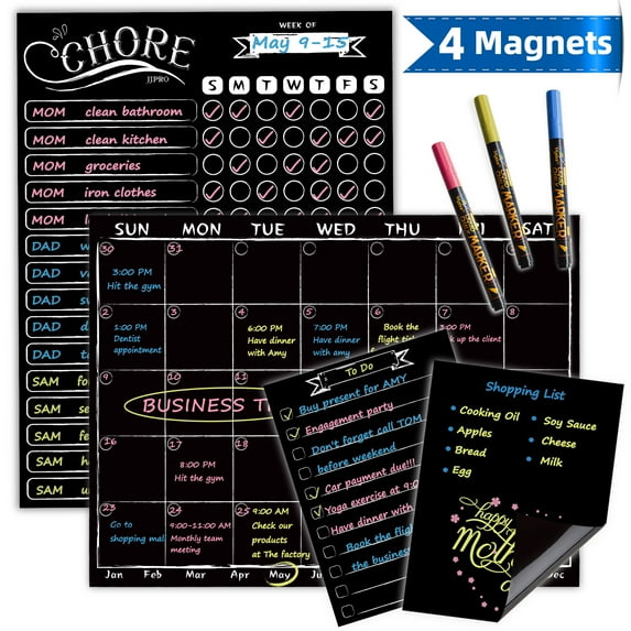 Magnetic Chalkboard Monthly Calendar - Reward Chore Chart Blackboard Combo Set with Neon Bright Liquid Chalk Markers - Bonus Grocery List and Notepad Blackboard for Refrigerator Included