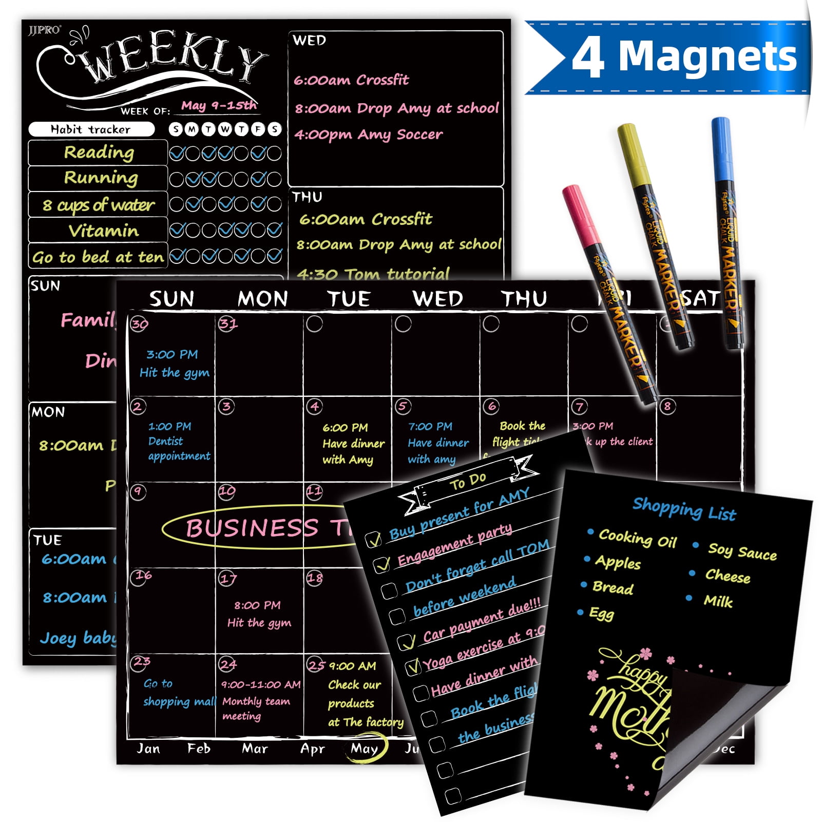 Magnetic Chalkboard Monthly Calendar with Neon Markers