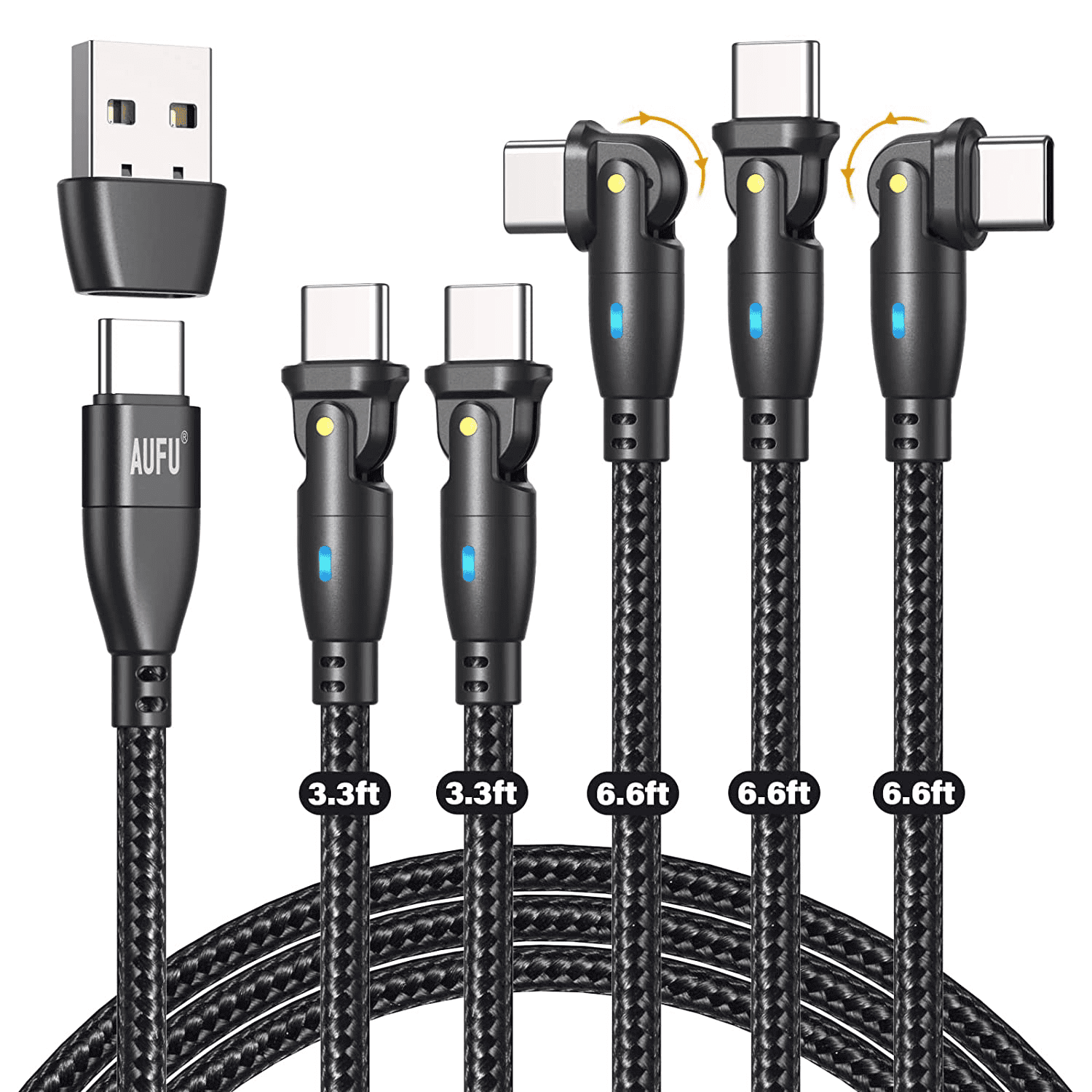 Magnetic Charging Cable(3-Pack, 1.6ft/3.3ft/6.6ft), Melonboy 360°&180° Rotation Magnetic Phone Charger Cable, 3 in 1 Nylon Braided Magnetic Cable Compatible with Micro USB, Type C - Black