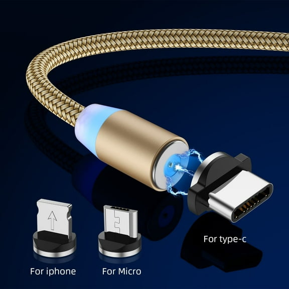 Magnetic Charging Cable,3-in-1 Nylon Braided Cord,Rotation Magnetic Phone Charger, 3 in 1 Magnetic Cable Compatible with Micro USB, Type C and iProduct Device,3.28ft,Golden