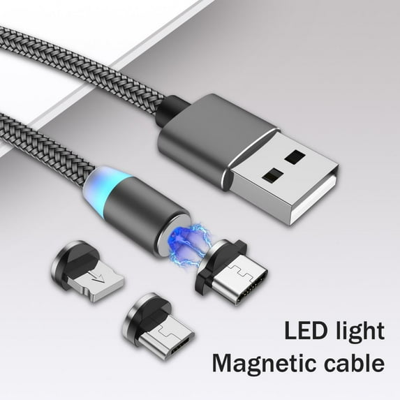 Magnetic Charging Cable,3-in-1 Nylon Braided Cord,Rotation Magnetic Phone Charger, 3 in 1 Magnetic Cable Compatible with Micro USB, Type C and iProduct Device,6.56ft,Gray
