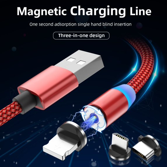 Magnetic Charging Cable,3-in-1 Nylon Braided Cord,Rotation Magnetic Phone Charger, 3 in 1 Magnetic Cable Compatible with Micro USB, Type C and iProduct Device,6.56ft,Red