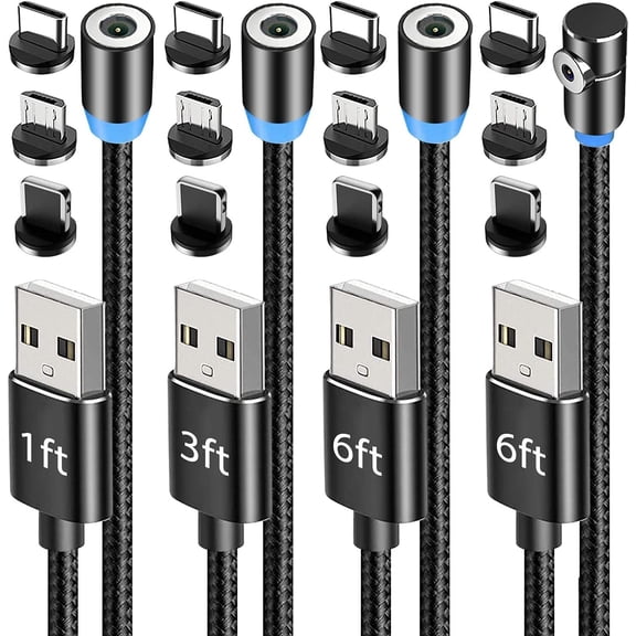 Magnetic Charging Cable 4-Pack [1ft/3ft/6ft/6ft], 360 Rotating Magnetic Phone Charger Cable with LED Light, 90 Angle Connector, Nylon-Braided Cords