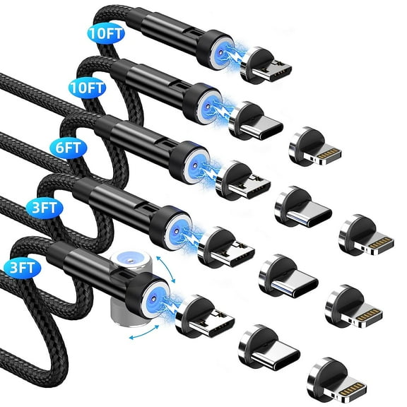 Magnetic Charging Cable [5-Pack,3/3/6/10/10FT] 3 in 1 Magnetic Phone Charger 360&180 Rotating USB Charger Cable with LED Light Nylon Braided Cord for Micro-USB, USB C and i-Product Device-Black