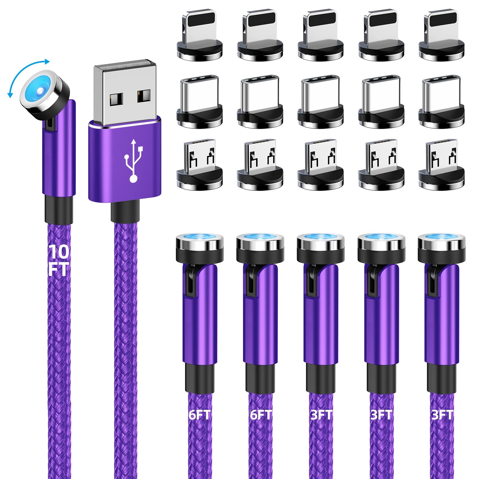 Magnetic Charging Cable 540° Rotating Magnetic Phone Charger [6-Pack, 3ft/3ft/3ft/6ft/6ft/10ft] 3 in 1 Magnetic Charger Cable Nylon Braided Magnetic USB Cable for i-P/Micro USB/Type C Device-Purple