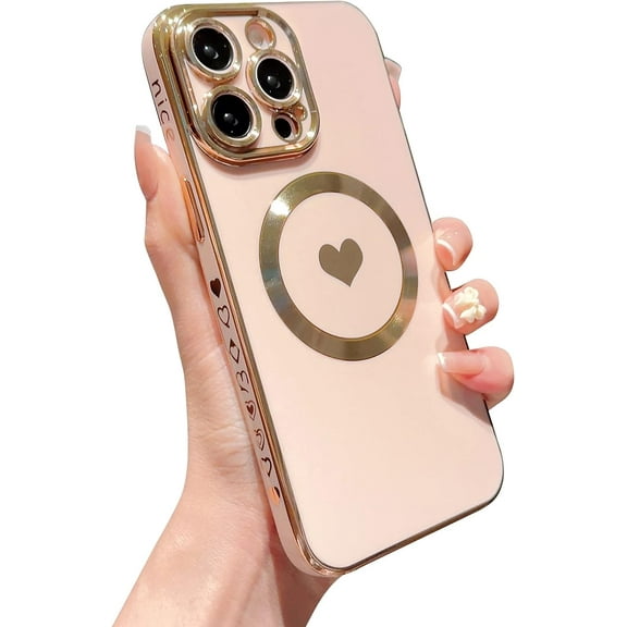 Magnetic Charging Case for iPhone 14 Pro Max [ Compatible with MagSafe ] Luxury Plating Edge Cute Love Heart Full Camera Lens Protection Raised Reinforced Corners Shockproof Bumper (Pink)