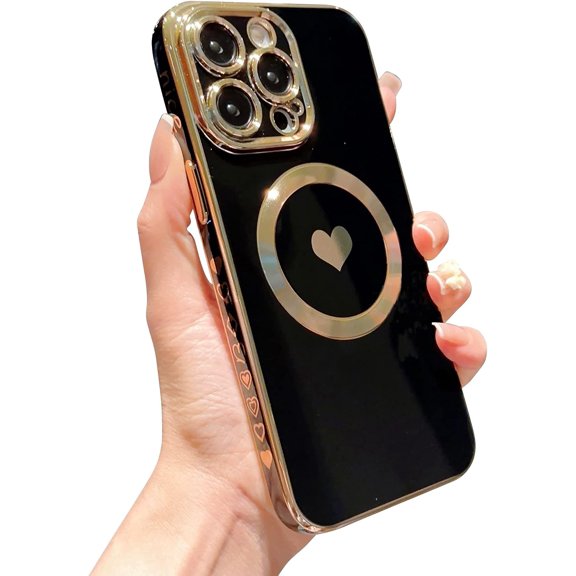Magnetic Charging Case for iPhone 14 Pro Max [ Compatible with MagSafe ] Luxury Plating Edge Cute Love Heart Full Camera Lens Protection Raised Reinforced Corners Shockproof Bumper (Black)
