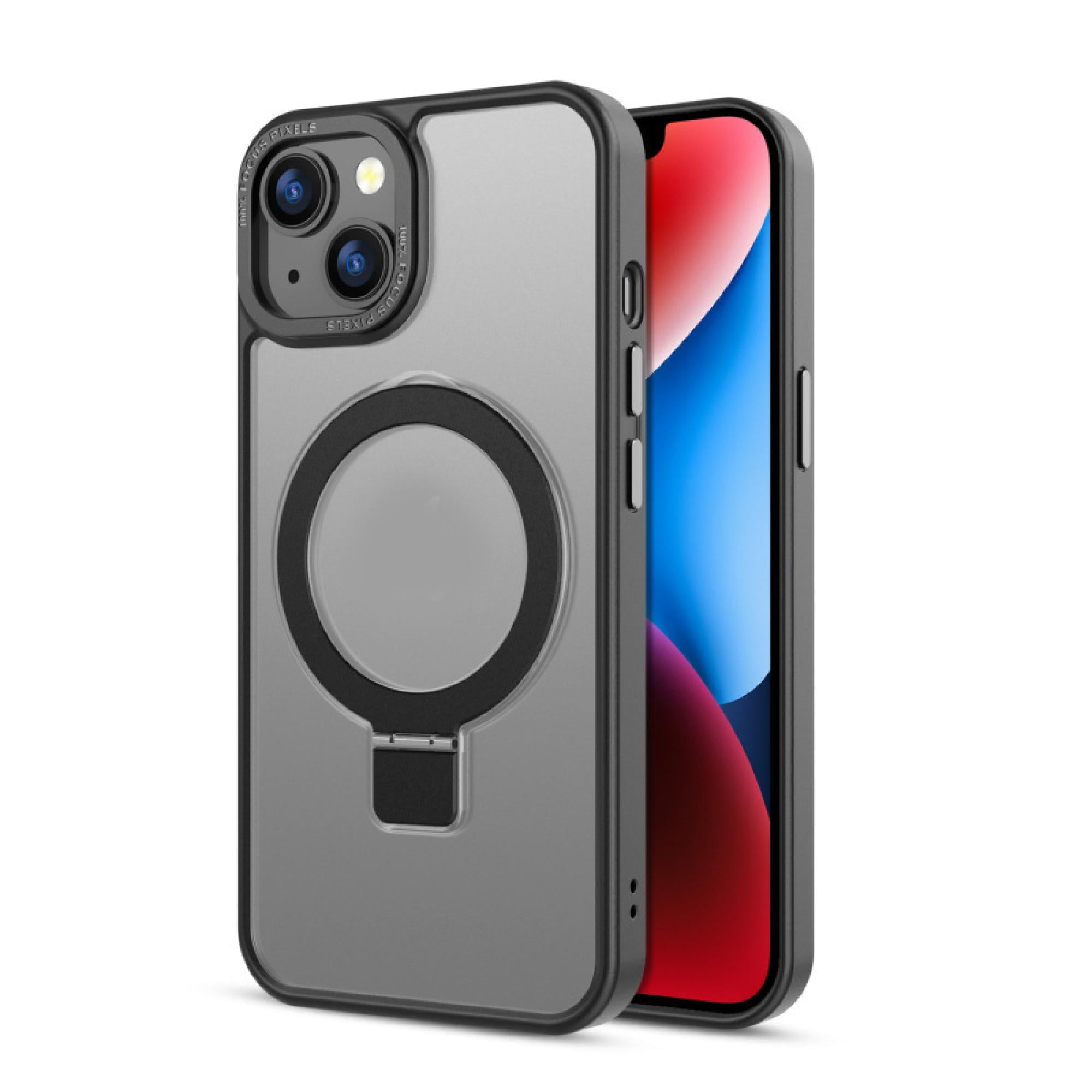 Magnetic Charging-Compatible Ring Stand Case for iPhone 16e / 14 / 13 (6.1") – Shade Series Dual-Layer Protective Cover, Black