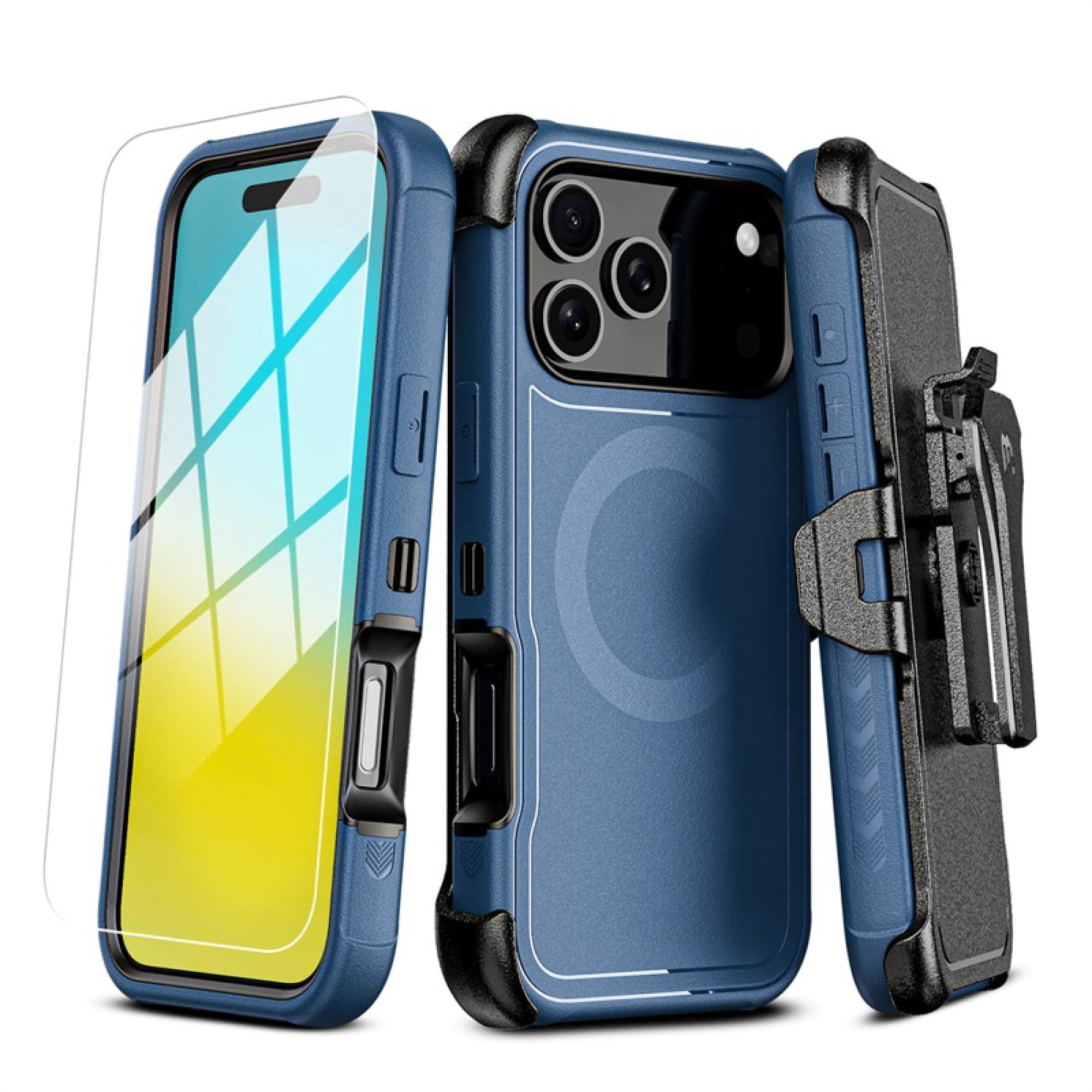 Magnetic Charging-Compatible Rugged Case with Holster & Tempered Glass Screen Protector compatiable with iPhone 17 Pro Phone