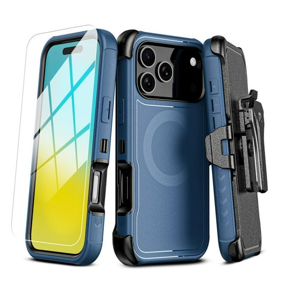 Magnetic Charging-Compatible Rugged Case with Holster & Tempered Glass Screen Protector compatiable with iPhone 17 Pro Phone