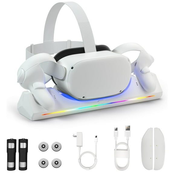 Magnetic Charging Dock for Meta Quest 2 VR Headset & Controllers with 2 Rechargeable 2100mAh Batteries, USB-C Charger and Cable, Featuring LED Indicators-White