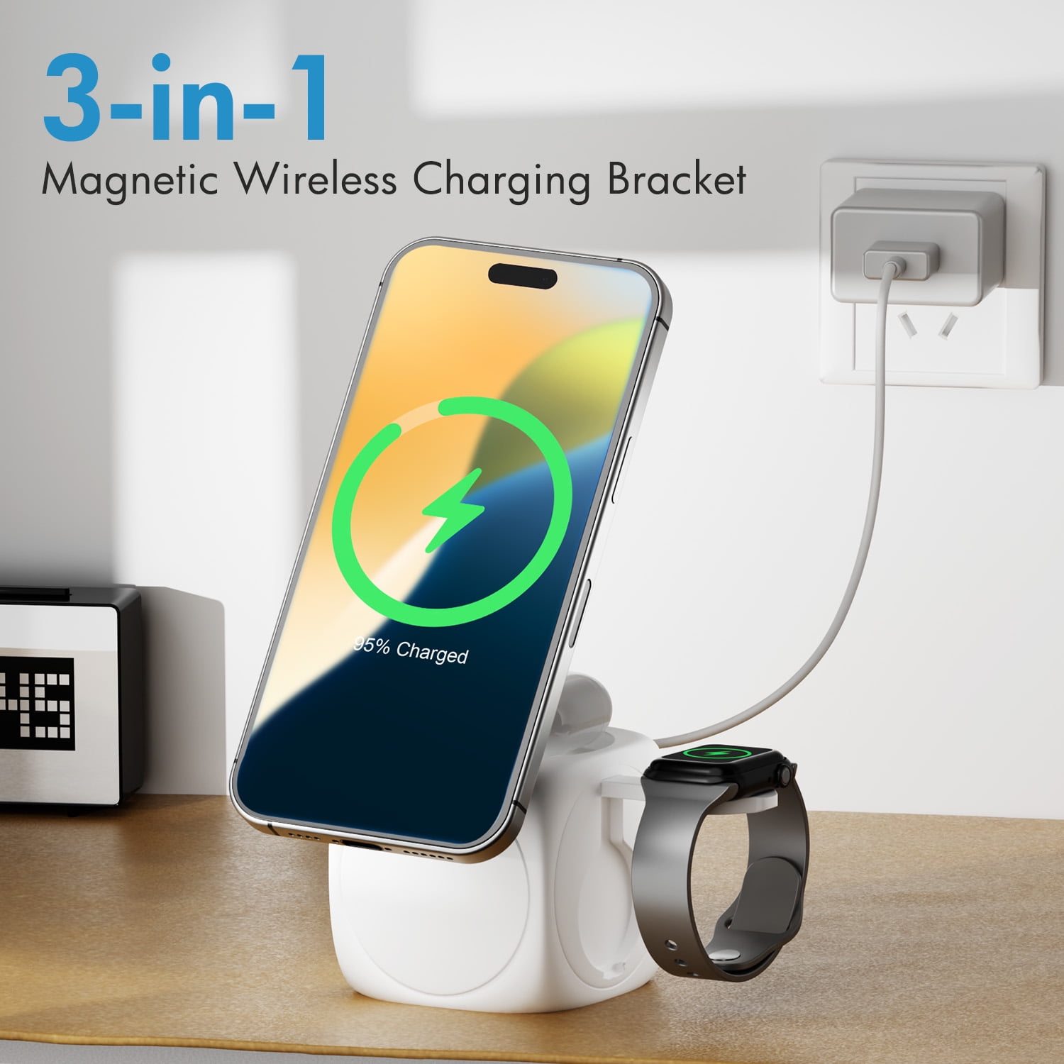 Magnetic Charging Station, 3 in 1 Wireless Charger for iPhone 16 15 14 13 12 11 8 X XR SE , Compatible with Apple Watch Series, for AirPods Pro 4 3 2 1, Perfect for Office Travel(White)