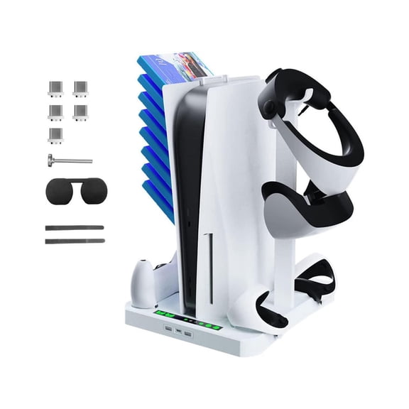 Magnetic Charging Station Dock for Controllers of PSVR 2 & PS5, Storage Stand for PS5 Console with Dual Cooling Fan, Silicone Lens Protective Cover, Mount Holder for PS VR2 Headset and Game Slot