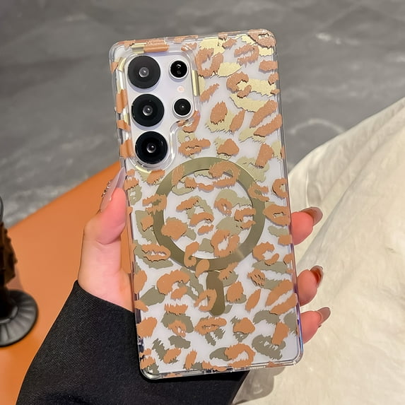 Magnetic Cheetah Print Case Compatible with Magsafe for Samsung Galaxy S25 Plus, Clear Phone Cover with Cute Leopard Pattern Soft TPU Hard Back Shockproof Protective Case for S25 Plus, Yellow