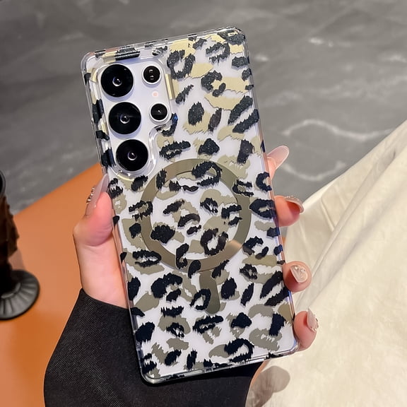Magnetic Cheetah Print Case Compatible with Magsafe for Samsung Galaxy S25 Plus, Clear Phone Cover with Cute Leopard Pattern Soft TPU Hard Back Shockproof Protective Case for S25 Plus, Black
