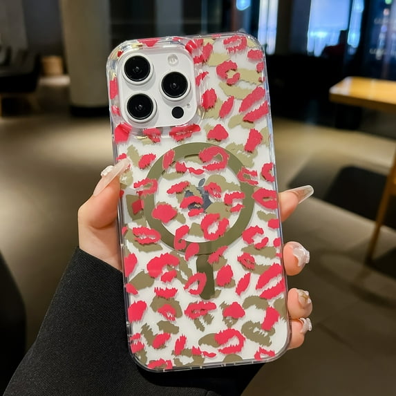 Magnetic Cheetah Print Case Compatible with Magsafe for iPhone 14 Pro, Clear Phone Cover with Cute Leopard Pattern Soft TPU Hard Back Shockproof Protective Case for iPhone 14 Pro, Rose