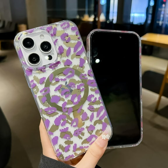 Magnetic Cheetah Print Case Compatible with Magsafe for iPhone 14 Pro Max, Clear Phone Cover with Cute Leopard Pattern Soft TPU Hard Back Shockproof Protective Case for iPhone 14 Pro Max, Purple