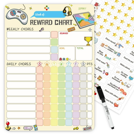 Magnetic Chore Chart for Kids at Home, Dry Erase Reward Chart for Kids Behavior; Each Set Includes 26 Static Tasks, 63 Golden Stars and One 8.5"x 12" Video Game Magnetic Chart