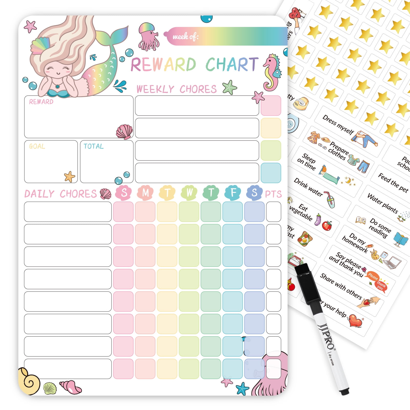 Magnetic Chore Chart for Kids at Home, Dry Erase Reward Chart for Kids Behavior; Each Set Includes 26 Static Tasks, 63 Golden Stars and One 8.5 magnetic-chore-chart-for-kids-at-home-dry-erase-reward-chart-for-kids-behavior-each-set-includes-26-static-tasks-63-golden-stars-and-one-8-5-x12-iridescent-mermaid-magnetic-chart-walmart-com
