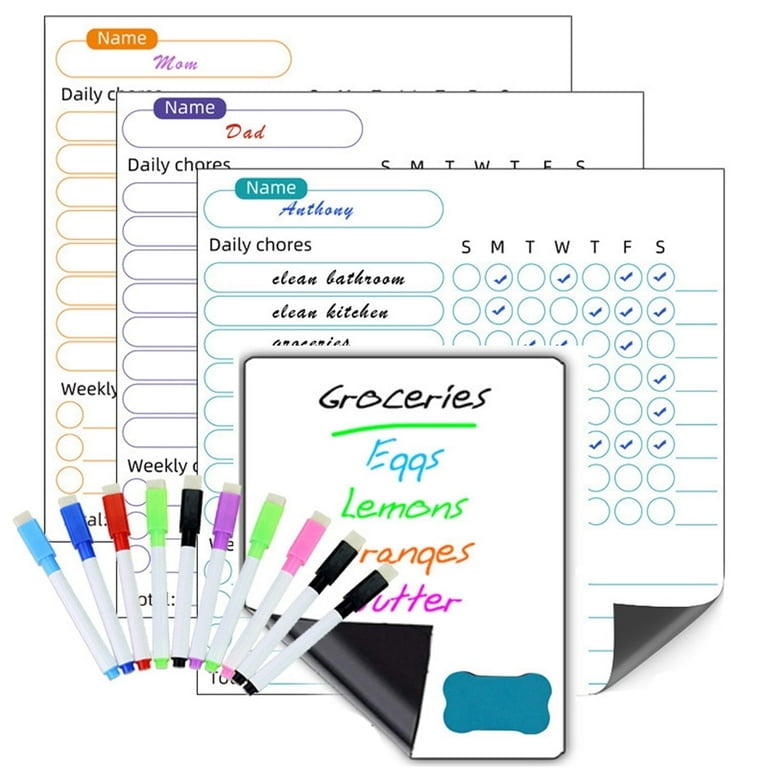 Black Magnetic Chore Charts 3-Pack - Dry Erase Responsibility Boards For Family Organization