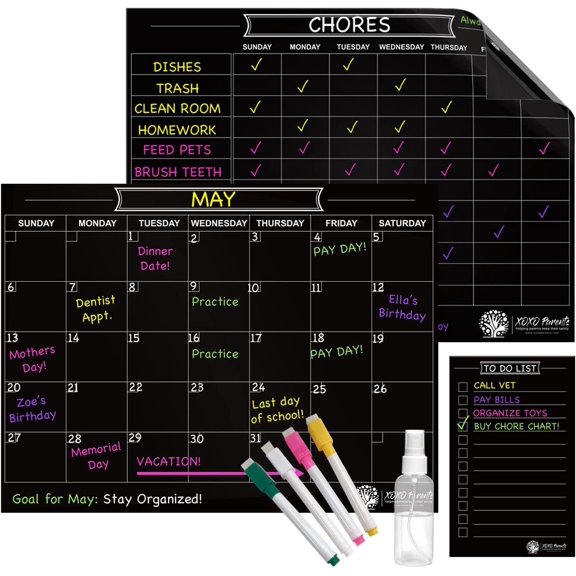 Magnetic Chore Chart for Parents with Multiple Kids, Toddlers, Teenagers, Adults and Dry Erase Family Calendar - 3pk includes To Do List, 4 Markers, Spray Bottle (Black)