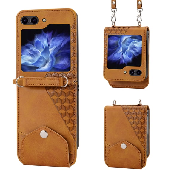 Magnetic Clasp Case for Samsung Galaxy Z Flip 5 Cover,Luxury PU Leather Shockproof Folding Kickstand Card Holder Pocket Wallet Crossbody Strap Handbag Phone Case for Samsung Galaxy Z Flip 5,Yellow