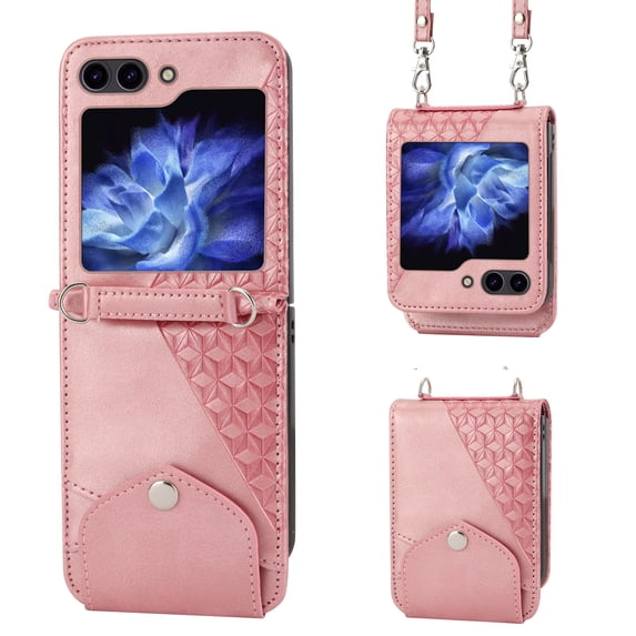 Magnetic Clasp Case for Samsung Galaxy Z Flip 5 Cover,Luxury PU Leather Shockproof Folding Kickstand Card Holder Pocket Wallet Crossbody Strap Handbag Phone Case for Samsung Galaxy Z Flip 5,Rosegold