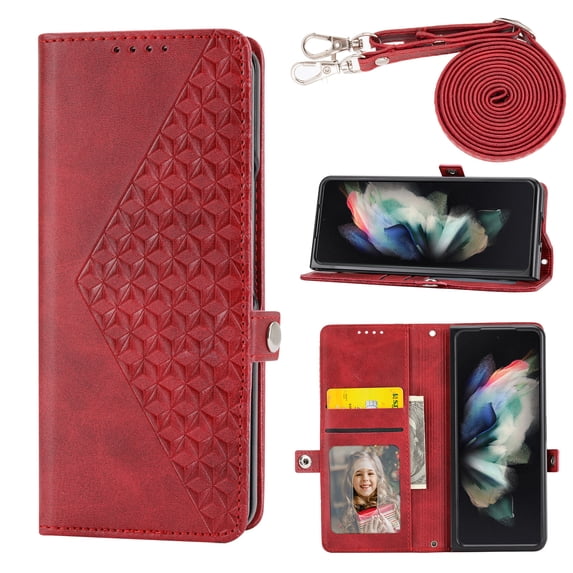 Magnetic Clasp Case for Samsung Galaxy Z Fold 5 Cover,Luxury PU Leather Shockproof Folding Kickstand Card Holder Pocket Wallet Crossbody Strap Handbag Phone Case for Samsung Galaxy Z Fold 5,Red