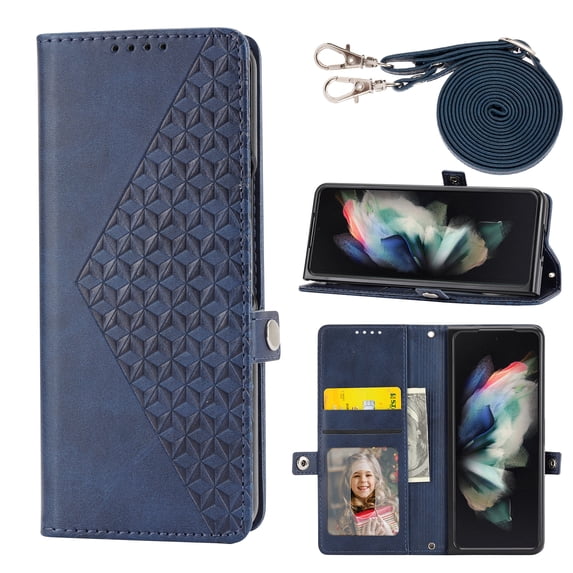 Magnetic Clasp Case for Samsung Galaxy Z Fold 5 Cover,Luxury PU Leather Shockproof Folding Kickstand Card Holder Pocket Wallet Crossbody Strap Handbag Phone Case for Samsung Galaxy Z Fold 5,Blue