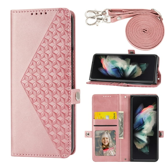Magnetic Clasp Case for Samsung Galaxy Z Fold 6 Cover,Luxury PU Leather Shockproof Folding Kickstand Card Holder Pocket Wallet Crossbody Strap Handbag Phone Case for Samsung Galaxy Z Fold 6,Rosegold