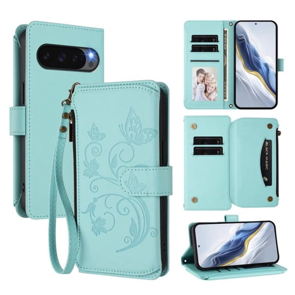 Magnetic Clasp Flip Stand Case for Google Pixel 10 with Lanyard 5-Card Holder  Butterfly Flower Multi-card Zipper Wallet Leather Phone Case,Mint Green,For Google Pixel 10