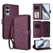 Magnetic Clasp Flip Stand Case for Samsung Galaxy S25 Edge 5G with Lanyard 5-Card Holder  Butterfly Flower Multi-card Zipper Wallet Leather Phone Case,Dark Purple,For Galaxy S25 Edge 5G