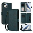 thumbnail image 1 of Magnetic Clasp Flip Stand Case for iPhone 14 Plus with Lanyard 5-Card Holder  Butterfly Flower Multi-card Zipper Wallet Leather Phone Case,Dark Green,For iPhone 14 Plus, 1 of 8