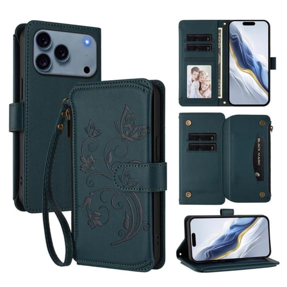 Magnetic Clasp Flip Stand Case for iPhone 17 Pro with Lanyard 5-Card Holder Butterfly Flower Multi-card Zipper Wallet Leather Phone Case,Dark Green,For iPhone 17 Pro