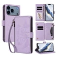 thumbnail image 1 of Magnetic Clasp Flip Stand Case for iPhone 17 Pro with Lanyard 5-Card Holder  Butterfly Flower Multi-card Zipper Wallet Leather Phone Case,Light Purple,For iPhone 17 Pro, 1 of 8