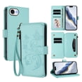 thumbnail image 1 of Magnetic Clasp Flip Stand Case for iPhone 17e with Lanyard 5-Card Holder  Butterfly Flower Multi-card Zipper Wallet Leather Phone Case,Mint Green,For iPhone 17e, 1 of 8