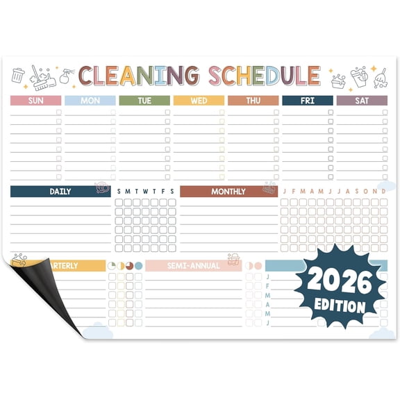 Magnetic Cleaning Schedule and Checklist Dry Erase Board - Reusable Cleaning Schedule for Home, Kitchen & Bathroom | Weekly & Monthly Chore Chart for Adults, Strong Magnet, Easy Erase