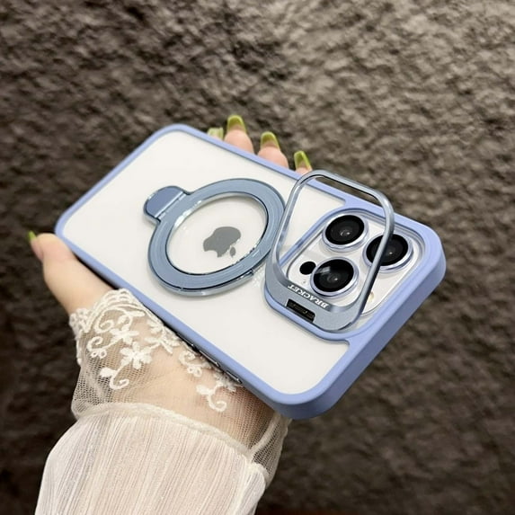 Magnetic Clear Case for Apple iPhone 12, Camera Lens Screen Protector Kickstand Compatible with Magsafe Anti-Yellowing Shockproof Protective Drop Proof Rugged Case for Women Men, Blue