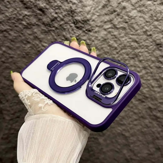 Magnetic Clear Case for Apple iPhone 13, Camera Lens Screen Protector Kickstand Compatible with Magsafe Anti-Yellowing Shockproof Protective Drop Proof Rugged Case for Women Men, Purple