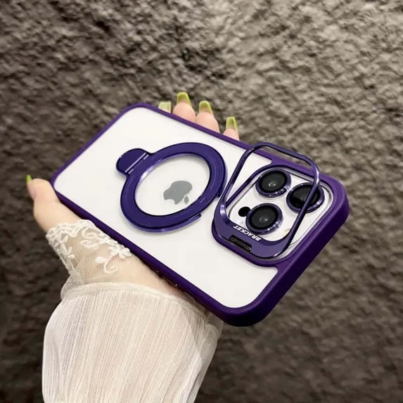 Magnetic Clear Case for Apple iPhone 15, Camera Lens Screen Protector Kickstand Compatible with Magsafe Anti-Yellowing Shockproof Protective Drop Proof Rugged Case for Women Men, Purple