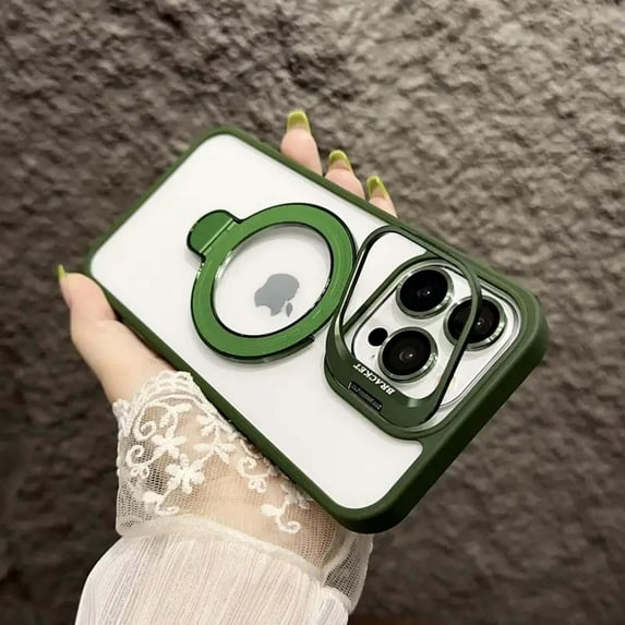 Magnetic Clear Case for Apple iPhone 15, Camera Lens Screen Protector Kickstand Compatible with Magsafe Anti-Yellowing Shockproof Protective Drop Proof Rugged Case for Women Men, Green