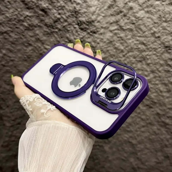 Magnetic Clear Case for Apple iPhone 16 Pro Max, Camera Lens Screen Protector Kickstand Compatible with Magsafe Anti-Yellowing Shockproof Protective Drop Proof Rugged Case for Women Men, Purple