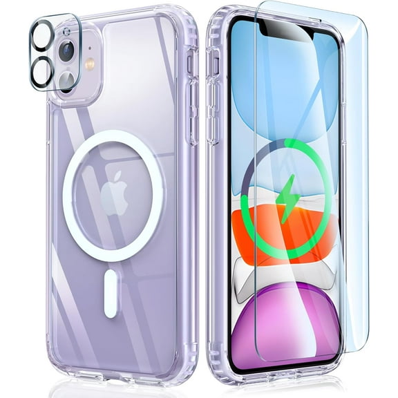 Magnetic Clear Case Designed for Apple iPhone 12 Mini Clear Magnetic Case with 1 Tempered Glass and 1 Camera Lens, Shockproof Transparent Magnetic Crystal Clear Case for Apple iPhone 12 Mini