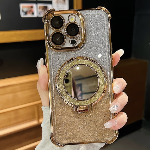 Magnetic Clear Case with Removable Glitter Card, Luxury Ring Stand Case for iPhone 15, Transparent TPU Plating [Compatible with MagSafe] [Built in Makeup Mirror], for Girls Women, Gold