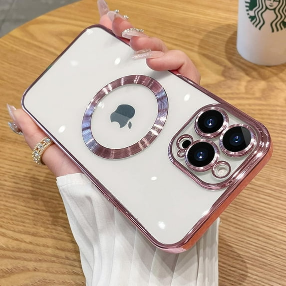 Magnetic Clear Case for iPhone 11 Pro Max Case with Camera Lens Protector, Compatible with MagSafe, Non-Yellowing Slim Fit Shockproof Shining for Women Girls Protective Phone Cover,6.5",Pink