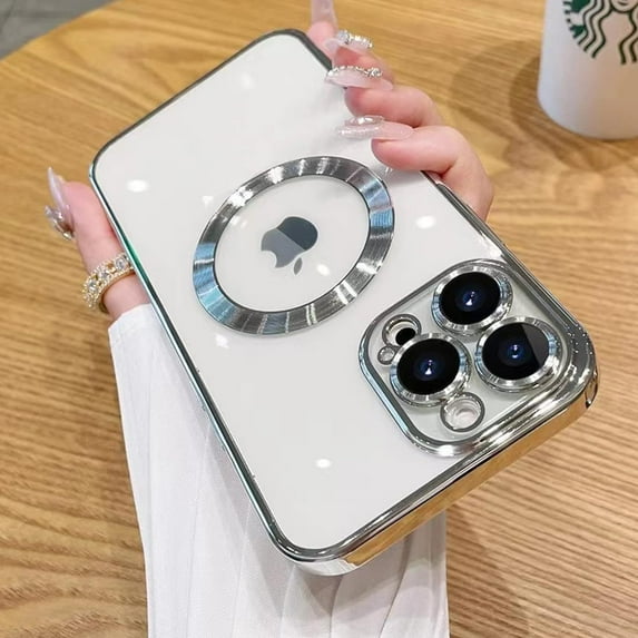 Magnetic Clear Case for iPhone 11 Pro Max Case with Camera Lens Protector, Compatible with MagSafe, Non-Yellowing Slim Fit Shockproof Shining for Women Girls Protective Phone Cover,6.5",Silver
