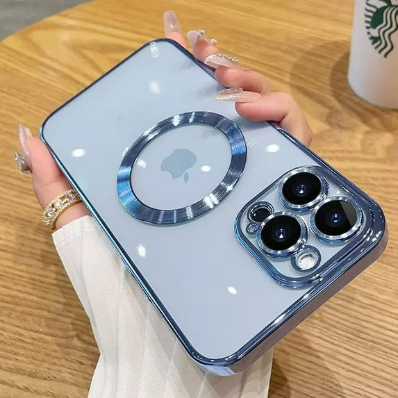 Magnetic Clear Case for iPhone 12 Pro Case with Camera Lens Protector, Compatible with MagSafe, Non-Yellowing Slim Fit Shockproof Shining for Women Girls Protective Phone Cover 6.1 inch, Blue