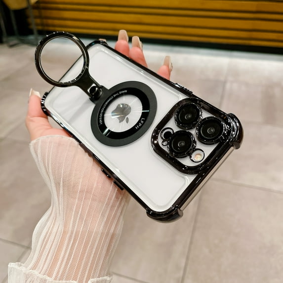Magnetic Clear Case for iPhone 13 Pro Max with Ring Stand, Compatible with MagSafe, Military-Grade Full Protection Non-Yellowing Lens Protection Rugged Plating Phone Case, Black