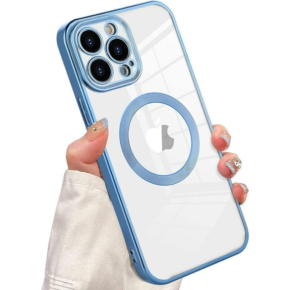 Magnetic Clear Case for iPhone 14 Pro Max 6.7 Inch 2022, Electroplated Magnetic Clear Slim Case for Women and Men [Military Drop Protection] Tempered Screen Protector(Blue)